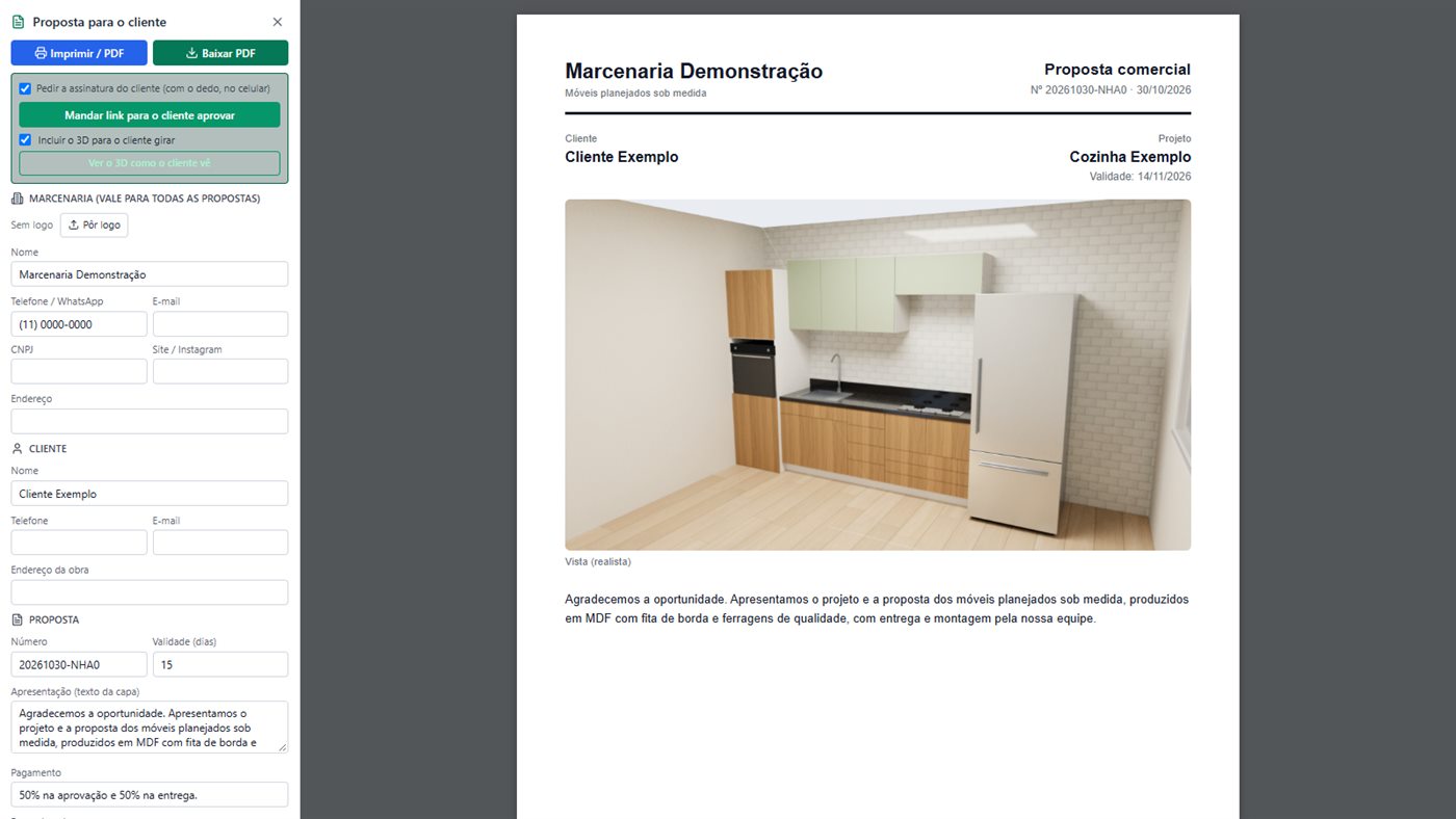 Proposta comercial em folha A4 com o render da cozinha e o botão para mandar o link ao cliente