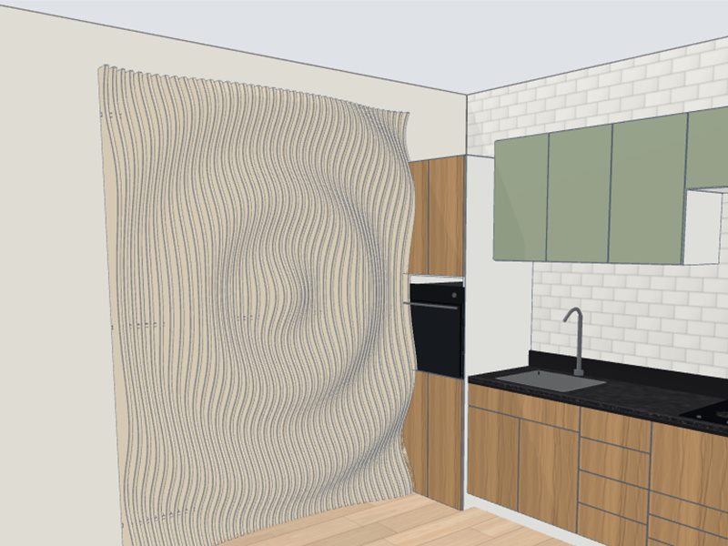 Painel paramétrico de ripas em ondas na parede da cozinha, em 3D