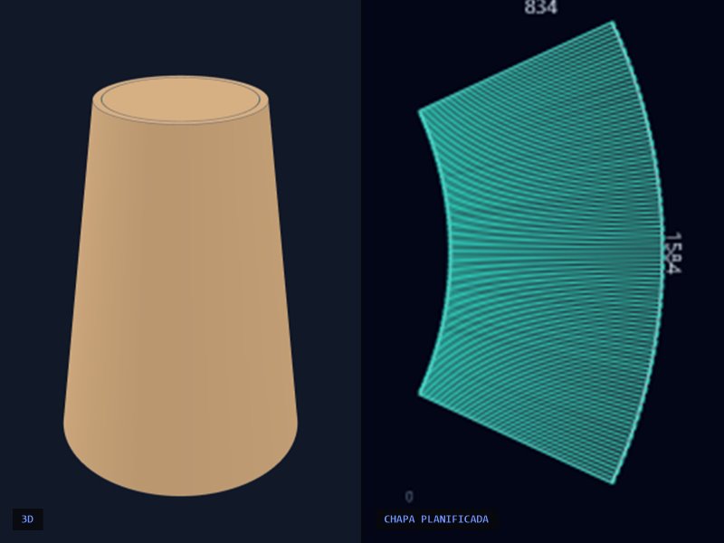 Pé cônico em 3D e a chapa planificada com os frisos