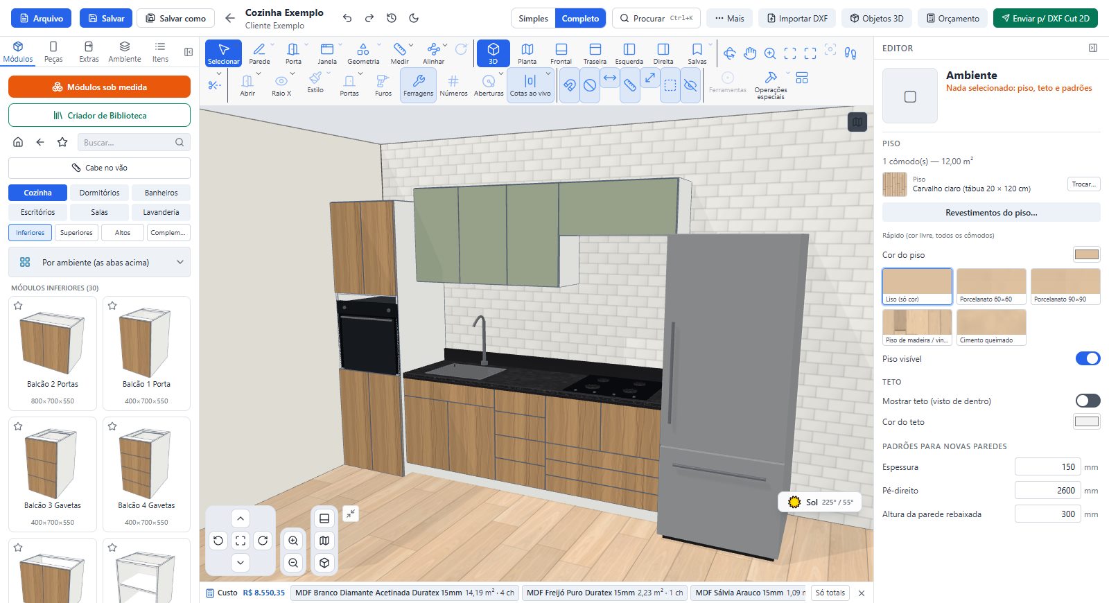 Tela do DXF Cut 3D com uma cozinha planejada em 3D